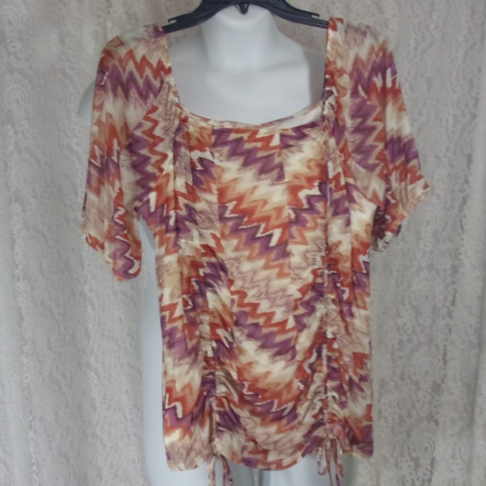 Top Blouse with Ruched Front Flame Print Orange Beige Purple NWT